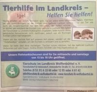 Artikel und Anzeige der Tierhilfe im Landkreis